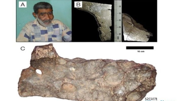Meteorito Palmas de Monte Alto: (A) Francisco da Cruz, o descobridor; (B) fatias retiradas da massa principal e utilizadas neste estudo; (C) massa principal. (Foto: Divulgação)