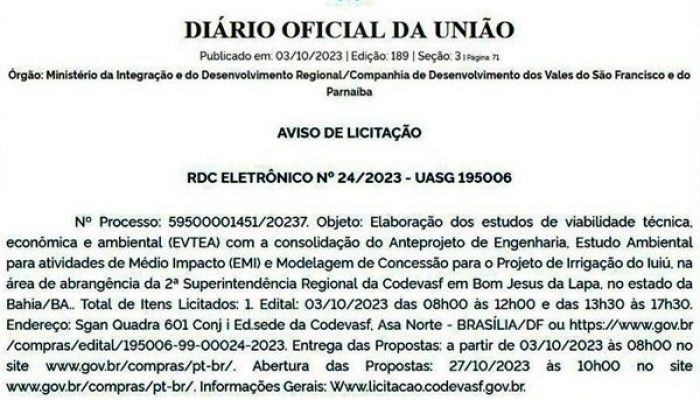 Aviso de Licitação (Foto: Reprodução/DOE)